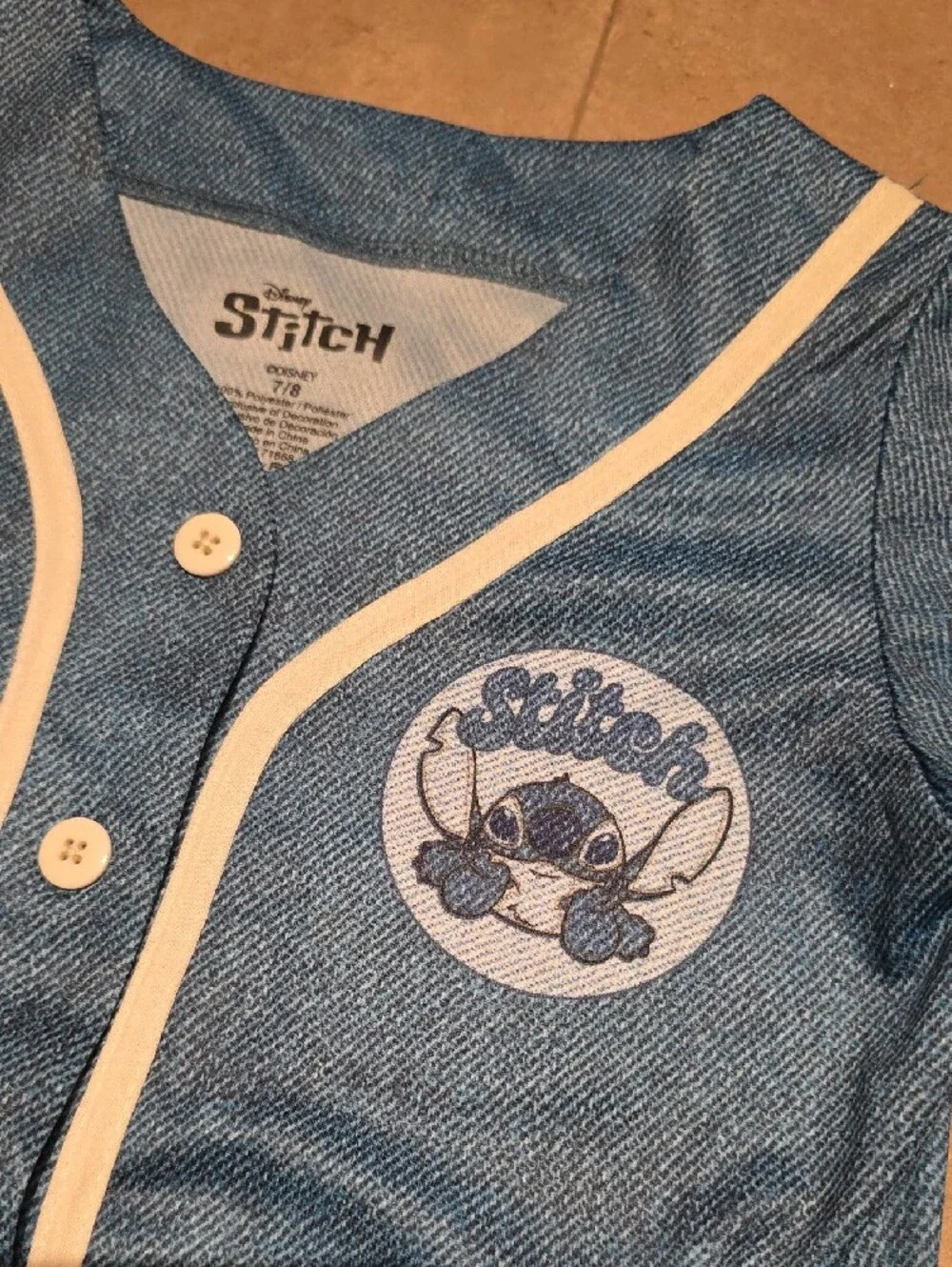Disney Blue Stitch Baseball-Style Kids Jersey. Size 7/8